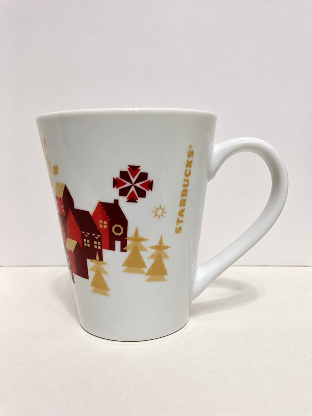 Starbucks 2013 Holiday Village Christmas Mug Red Gold White Ceramic